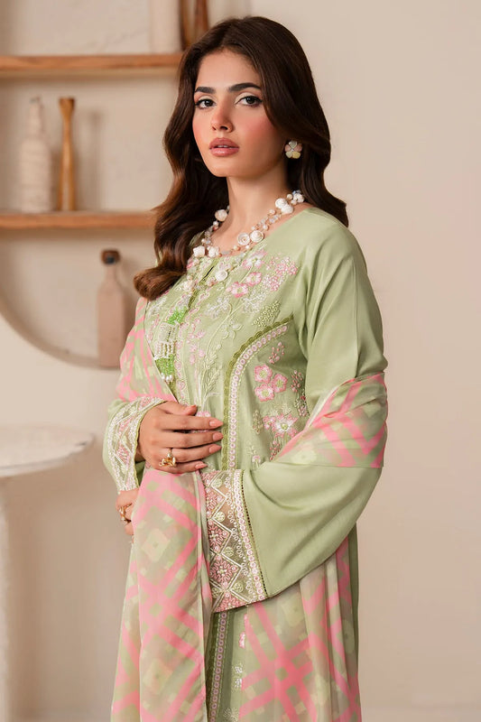 Imrozia Serene 3-piece suit in pista color, featuring intricate peony design and elegant fabric drape.
