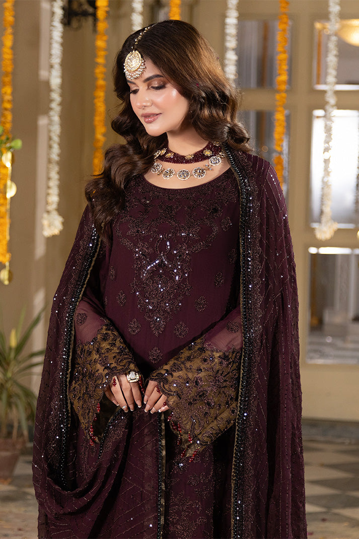 Imrozia Serene M-106 Mahveen 3 piece suit featuring elegant design and intricate details in soft fabric.