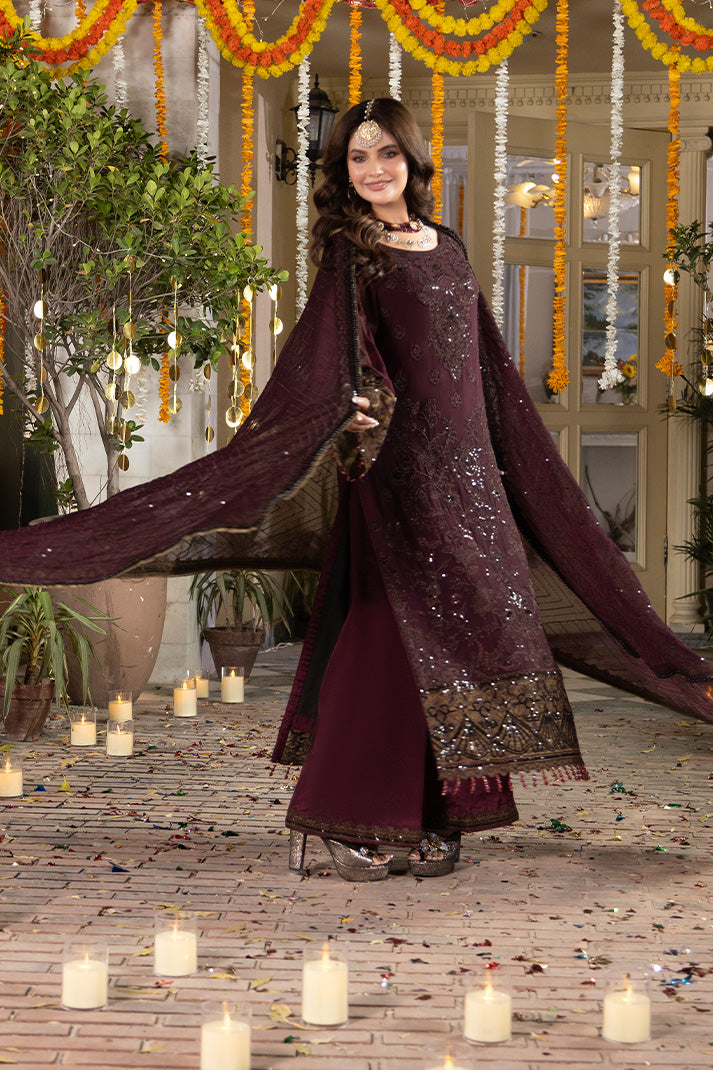 Elegant 3 piece suit M-106 Mahveen by Imrozia, featuring intricate patterns and rich fabric in a stylish arrangement.