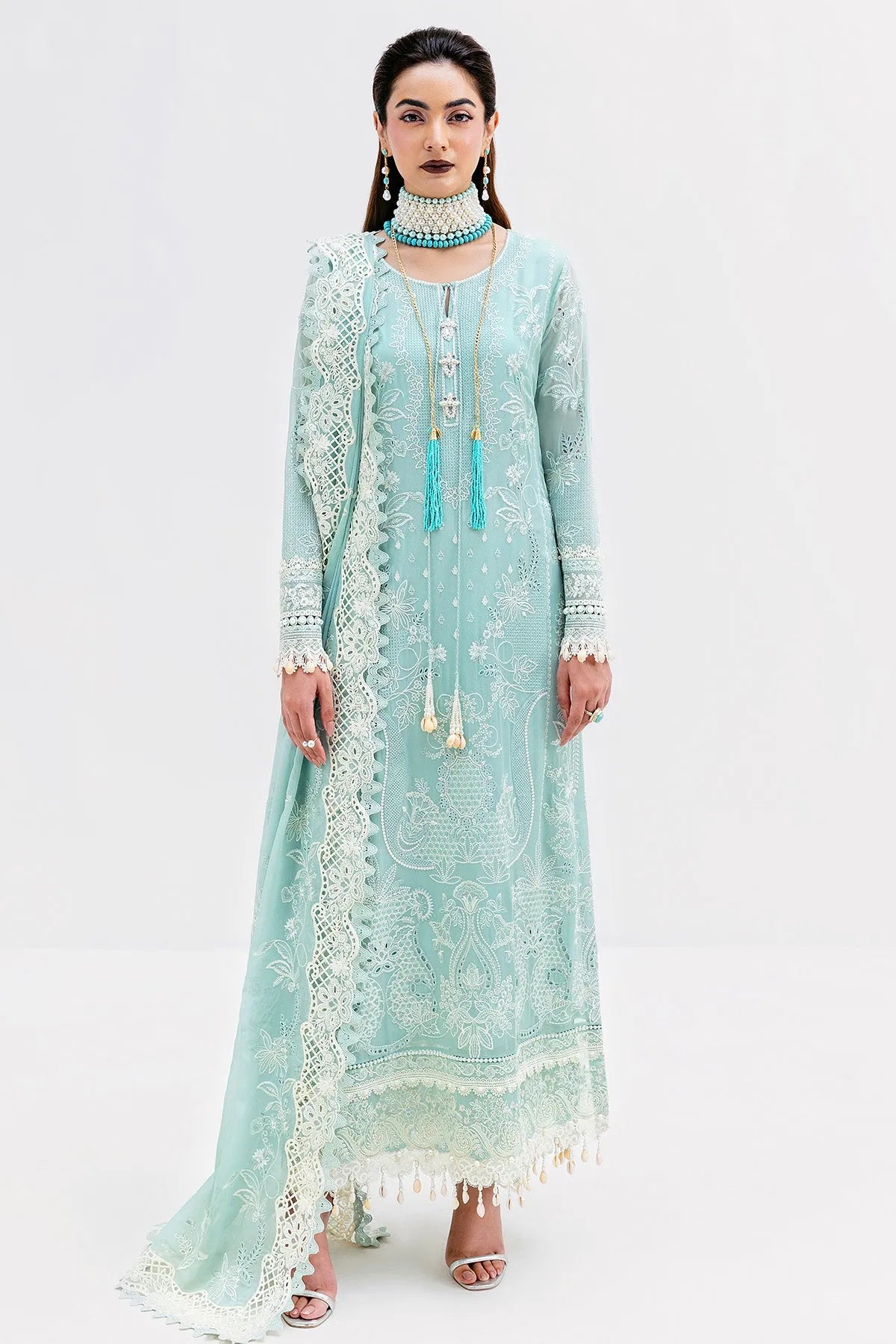 Imrozia Serene S-1087 AQUA 3 piece suit featuring intricate embroidery and a vibrant aqua color.