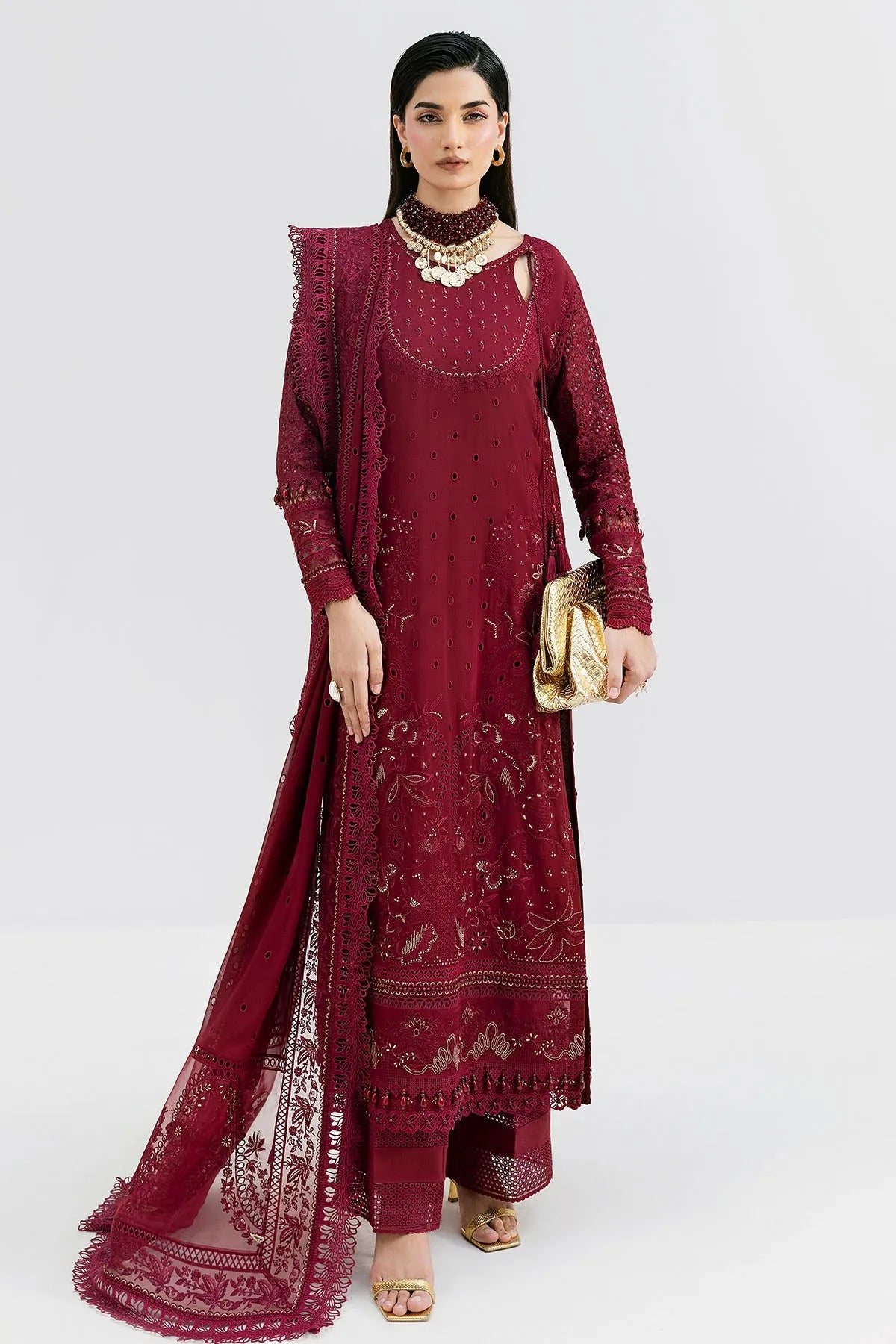Imrozia Serene 3 piece suit in vibrant scarlet with elegant design and intricate detailing, displayed on a neutral background.