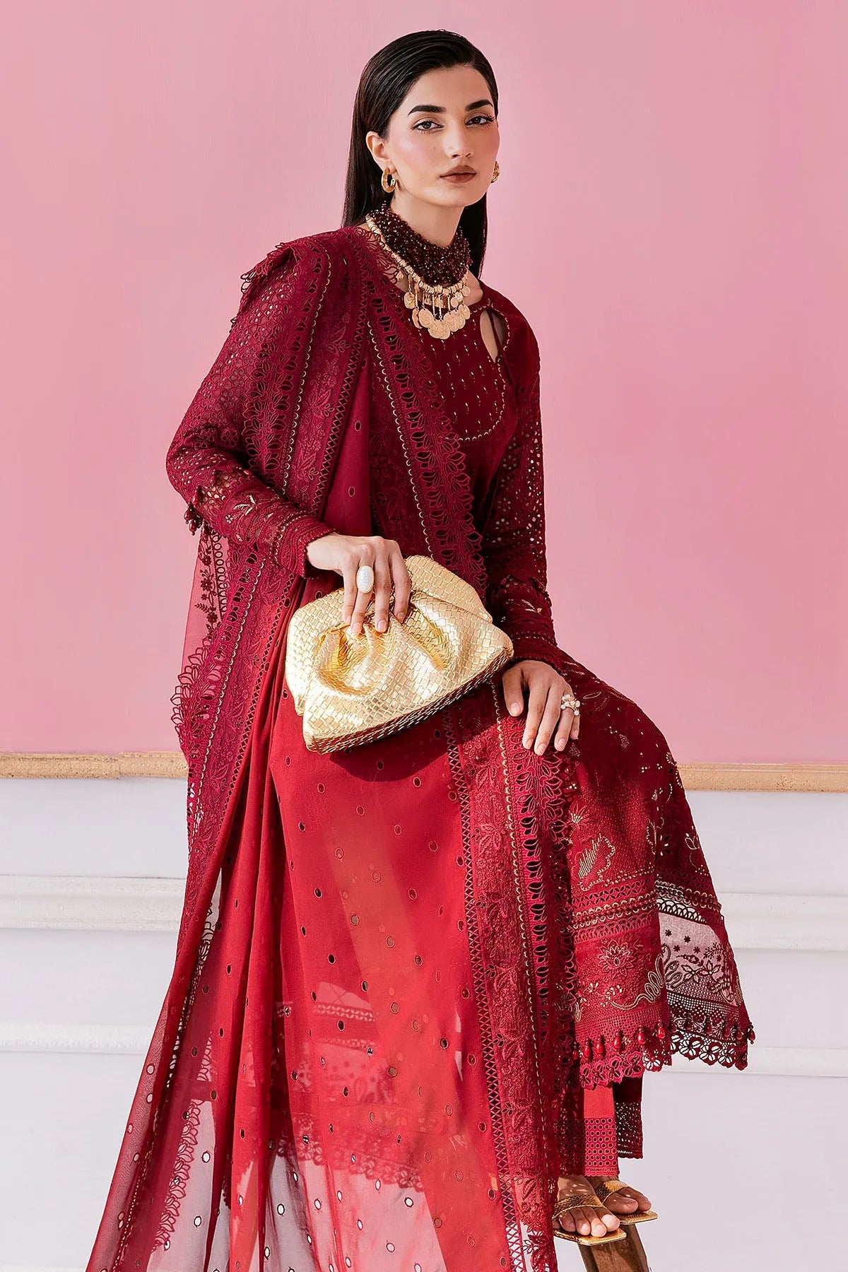 Imrozia Serene S-1089 Scarlet 3 piece suit featuring intricate embroidery and vibrant red fabric.